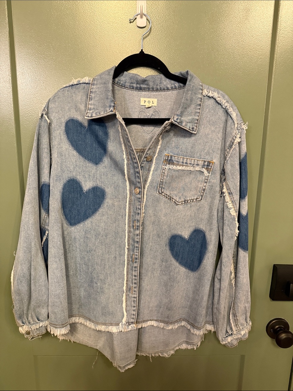 POL Light Blue Denim Button-Up Shirt with Navy Heart Prints